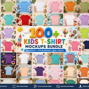 May include: A digital collection of 100+ kids t-shirt mockups in various solid colors, featuring short sleeves and crew necks. The central text reads 100+ KIDS T-SHIRT MOCKUPS BUNDLE, HIGH QUALITY | STYLED MOCKUPS | 3000 X 2250 PX, surrounded by small toys.