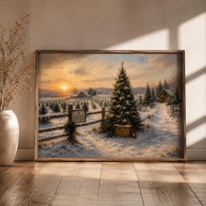May include: A rectangular wall art print depicting a snowy Christmas tree farm at sunset. A large, decorated evergreen tree stands in the foreground near a wooden fence with a sign reading Christmas Trees. A rustic cabin sits in the distance.