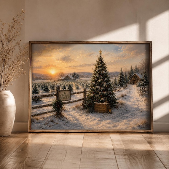 Christmas Tree Farm Wall Art, Snowy Winter Landscape Print, Rustic Christmas Decor (Digital Download)