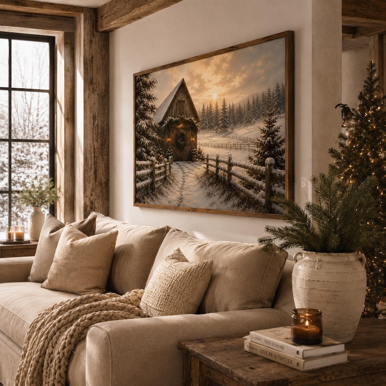 Christmas Wall Art, Rustic Farmhouse Christmas Decor, Snowy Winter Barn ...
