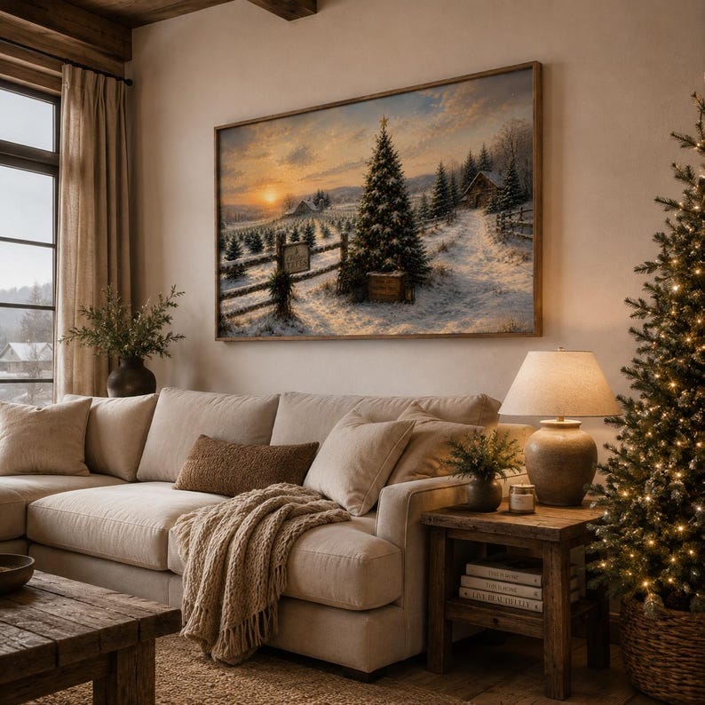 May include: A rectangular wall art print featuring a snowy winter landscape at sunset. The scene depicts a large evergreen tree in the foreground, a wooden fence, and a small cabin in the distance, all set against a soft, golden-hued sky.