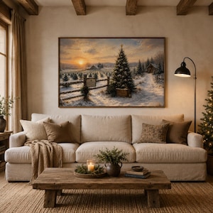 May include: A large rectangular wall art print depicting a snowy winter landscape with a Christmas tree farm, a wooden fence, and a sunset sky. The scene features a tall evergreen tree in the foreground and a rustic cabin in the distance.