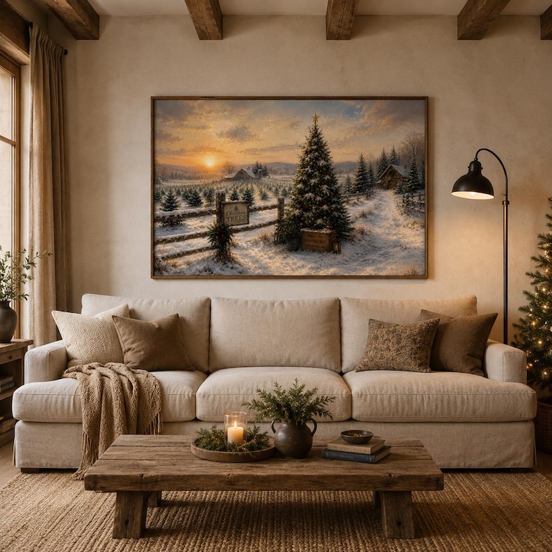 May include: A large rectangular wall art print depicting a snowy winter landscape with a Christmas tree farm, a wooden fence, and a sunset sky. The scene features a tall evergreen tree in the foreground and a rustic cabin in the distance.