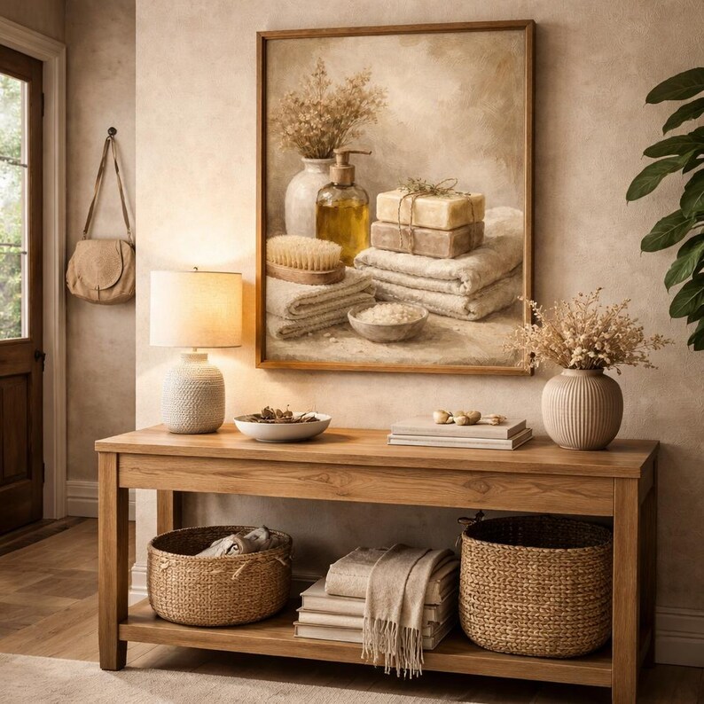 Pu&ograve; includere: Una consolle in legno con due cesti intrecciati, una lampada e un quadro incorniciato. Il dipinto raffigura una natura morta di prodotti per il bagno, tra cui sapone, asciugamani e una spazzola. La scena &egrave; immersa in toni caldi e neutri.