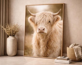 Stampa artistica da parete con mucca delle Highlands, decorazione neutra in stile rustico (download digitale)
