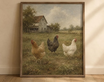 Stampa artistica da parete con galline rustiche in stile fattoria, dipinto vintage di galline di campagna (download digitale) 227