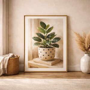 May include: A framed print of a potted plant with large green leaves. The beige pot has black polka dots and sits on a light-colored book. The frame is gold, and the background is a neutral beige.