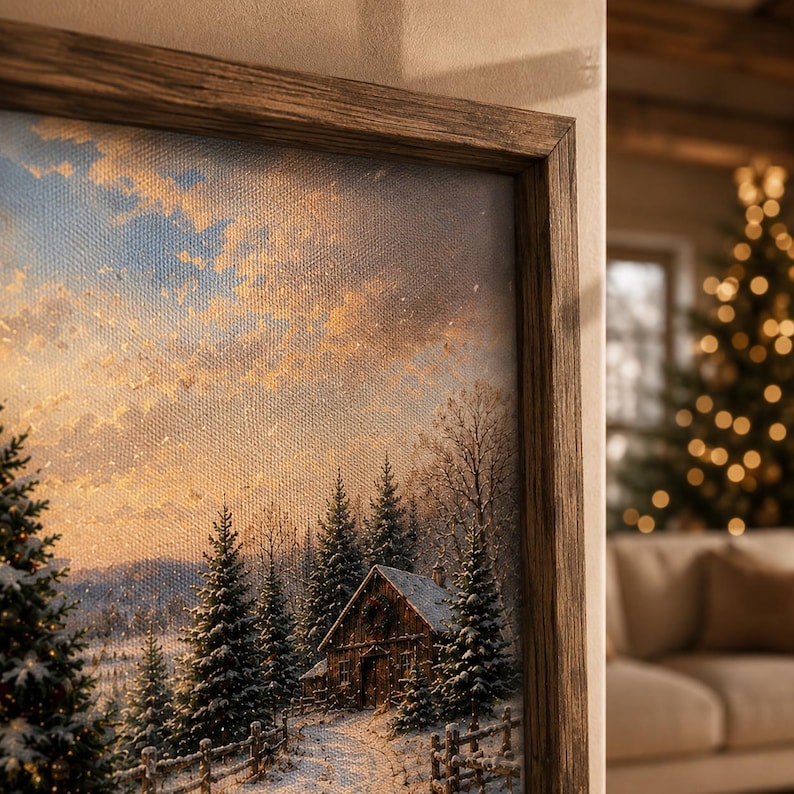 May include: A framed canvas print depicting a winter landscape with a wooden cabin nestled among snow-covered pine trees. The scene features a golden sunset sky, a light dusting of snow on the ground, and a rustic wooden fence in the foreground.