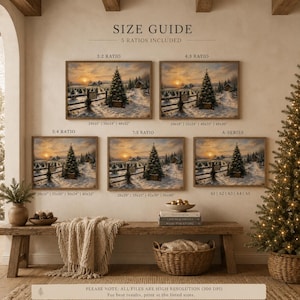 May include: A digital size guide for wall art featuring five variations of a snowy winter landscape painting with a Christmas tree farm at sunset. The text includes labels for 3:2, 4:3, 5:4, 7:5 ratios and A-series, with specific inch dimensions listed below each.