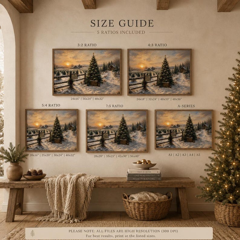 May include: A digital size guide for wall art featuring five variations of a snowy winter landscape painting with a Christmas tree farm at sunset. The text includes labels for 3:2, 4:3, 5:4, 7:5 ratios and A-series, with specific inch dimensions listed below each.