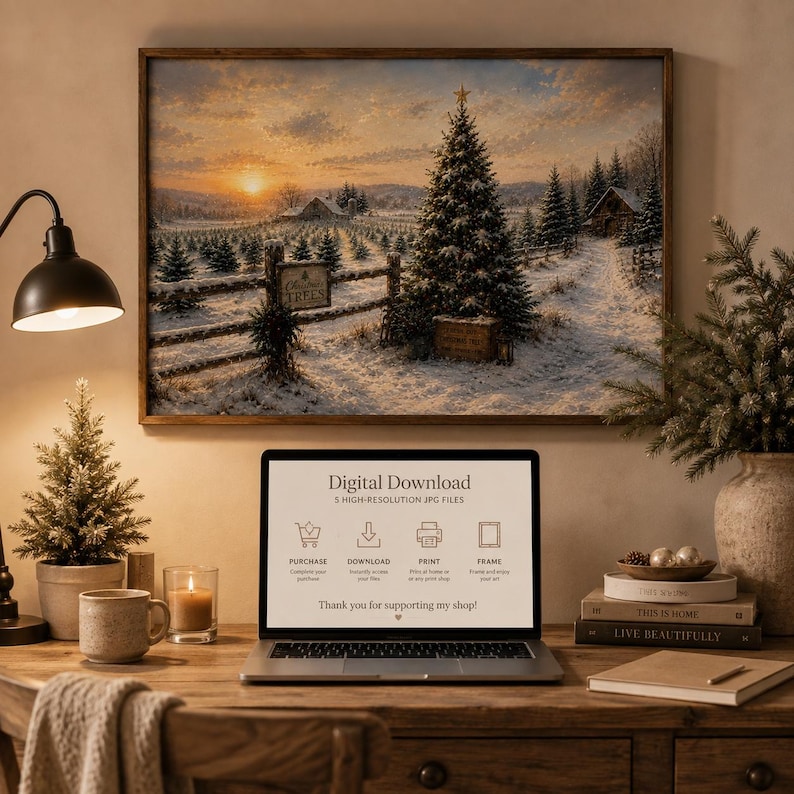 May include: A framed landscape print of a snowy Christmas tree farm at sunset hangs above a laptop displaying digital download instructions. The screen shows icons for purchase, download, print, and frame, with text reading Digital Download.