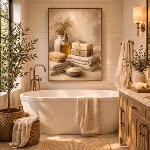 Pu&ograve; includere: Una serena scena di bagno con una vasca ovale bianca, un cesto intrecciato con un asciugamano e un'opera d'arte incorniciata con prodotti per il bagno. La stanza ha una palette di colori neutri con una pianta e una finestra.