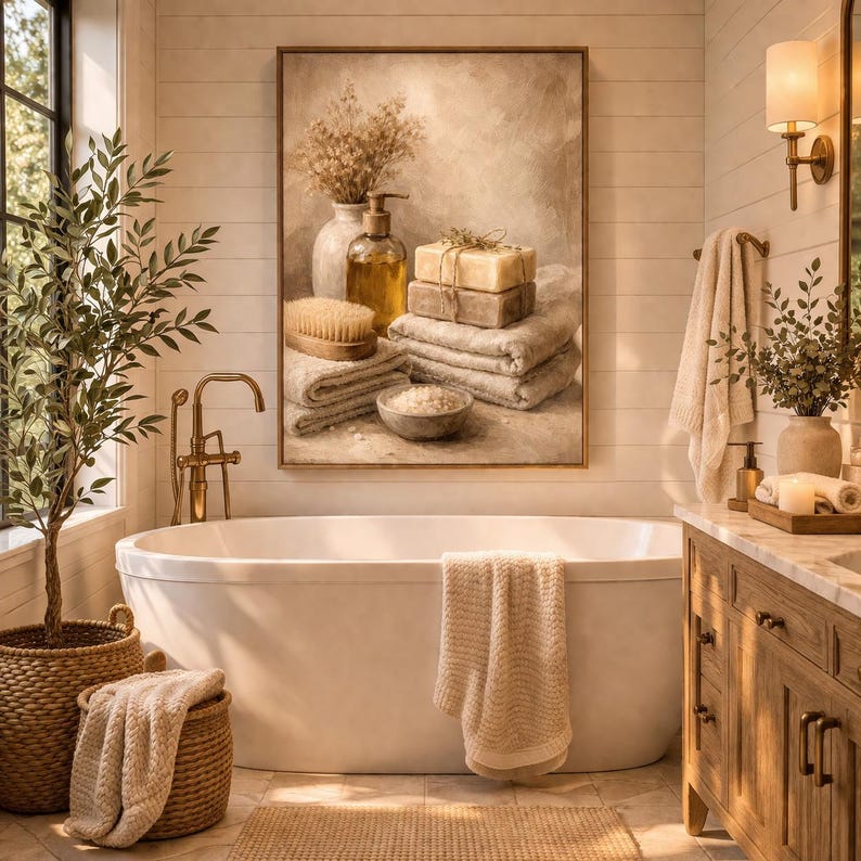 Pu&ograve; includere: Una serena scena di bagno con una vasca ovale bianca, un cesto intrecciato con un asciugamano e un'opera d'arte incorniciata con prodotti per il bagno. La stanza ha una palette di colori neutri con una pianta e una finestra.