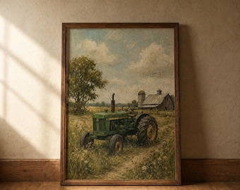 Stampa digitale da parete con trattore verde vintage, decorazione rustica per paesaggio di fattoria (download digitale)