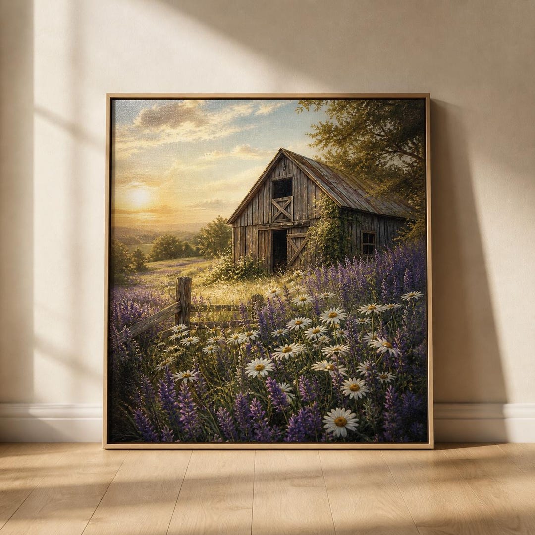 Rustic Barn Wall Art, Farmhouse Landscape Print With Wildflowers ...