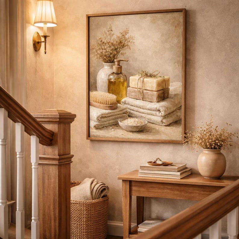 Pu&ograve; includere: Una stampa incorniciata di una natura morta a tema spa. L'immagine presenta una pila di asciugamani piegati, saponette, una bottiglia di sapone liquido, una spazzola e una ciotola di sali da bagno. Sono visibili anche un vaso di fiori secchi e un tavolino di legno.