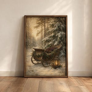 May include: A framed wall art print depicting a vintage wooden sleigh resting in a snow-covered forest. The sleigh is decorated with evergreen boughs and a plaid blanket, positioned next to a glowing metal lantern amidst tall pine trees.