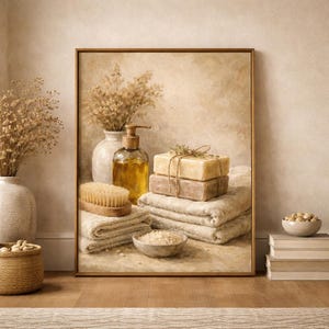 Pu&ograve; includere: Stampa incorniciata raffigurante una scena simile a una spa. Presenta un vaso con fiori secchi, un dosatore di sapone, asciugamani impilati, saponette legate con spago, una spazzola e una ciotola di sali da bagno. La tavolozza dei colori &egrave; neutra con toni caldi.