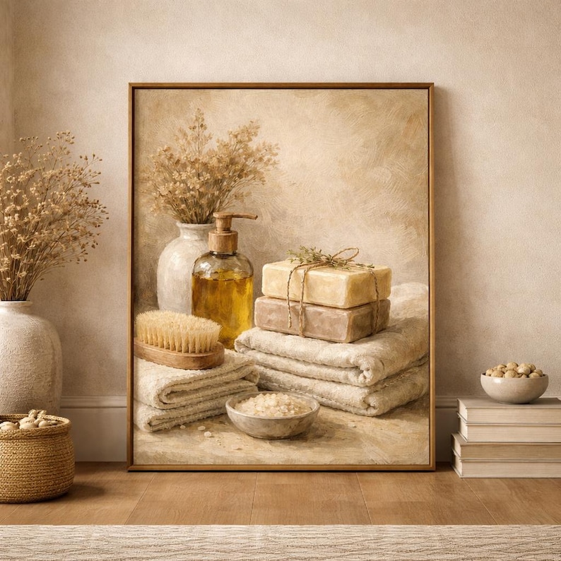 Pu&ograve; includere: Stampa incorniciata raffigurante una scena simile a una spa. Presenta un vaso con fiori secchi, un dosatore di sapone, asciugamani impilati, saponette legate con spago, una spazzola e una ciotola di sali da bagno. La tavolozza dei colori &egrave; neutra con toni caldi.