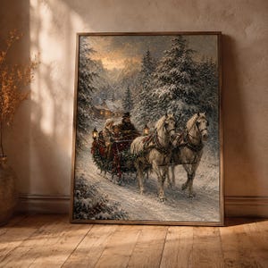May include: A framed vertical wall art print depicting a winter landscape with two white horses pulling a red sleigh through deep snow. The scene features snow-covered pine trees, a distant cabin with glowing windows, and a mountain backdrop.