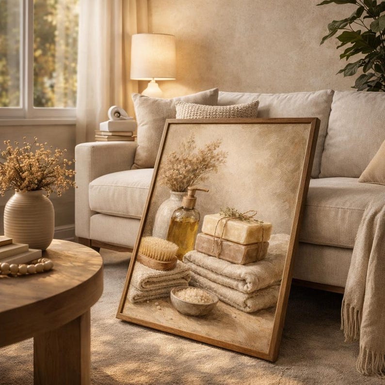 Pu&ograve; includere: Una stampa incorniciata con una natura morta in stile spa con asciugamani impilati, saponette, una spazzola e una bottiglia di sapone liquido. La tavolozza dei colori &egrave; neutra con toni beige e marroni, creando un'atmosfera rilassante. &Egrave; visibile anche un vaso di fiori secchi.
