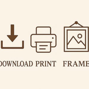 Pu&ograve; includere: Icone marroni di grafica lineare per scaricare, stampare e incorniciare. L'immagine mostra una freccia verso il basso in una scatola, una stampante e un paesaggio incorniciato. Il testo sottostante recita "DOWNLOAD PRINT FRAME".