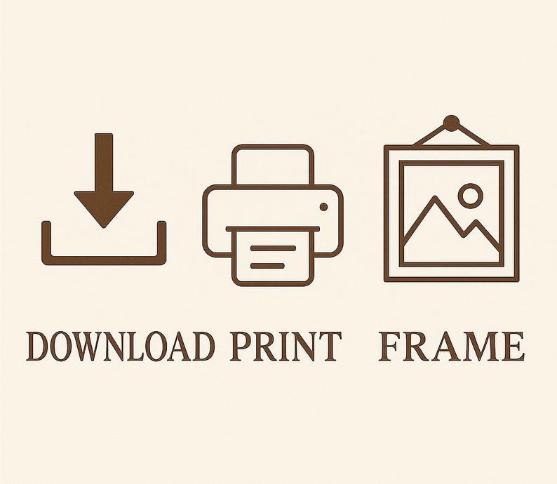 Pu&ograve; includere: Icone marroni di grafica lineare per scaricare, stampare e incorniciare. L'immagine mostra una freccia verso il basso in una scatola, una stampante e un paesaggio incorniciato. Il testo sottostante recita "DOWNLOAD PRINT FRAME".