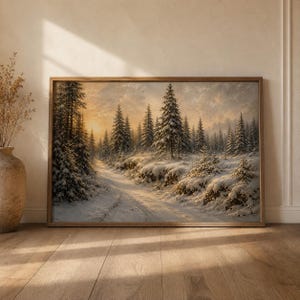 Op de afbeelding: Een rechthoekige ingelijste muurkunstprint met een besneeuwd boslandschap bij zonsondergang. De scène toont een pad dat door besneeuwde dennenbomen slingert onder een zachte gouden lucht. De lijst is gemaakt van hout met een natuurlijke bruine afwerking.