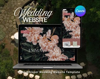 May include: A laptop and smartphone display a wedding website template. The design features blush-colored peonies and the names "Emma James" with a June 14 date. The Canva logo is visible. Text reads "Wedding WEBSITE" and "Petal Whisper Wedding Website Template."