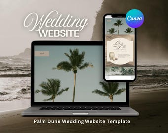 May include: A laptop and smartphone displaying a wedding website template with a beach theme. The laptop screen shows palm trees, while the phone showcases a wedding invitation design. The Canva logo is visible.