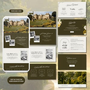 May include: A digital wedding invitation design with a mobile phone mockup and various layout options. The design features a photo of a building, the text "Sunday June 18", and the phrase "A day filled with love, shaped by our story."