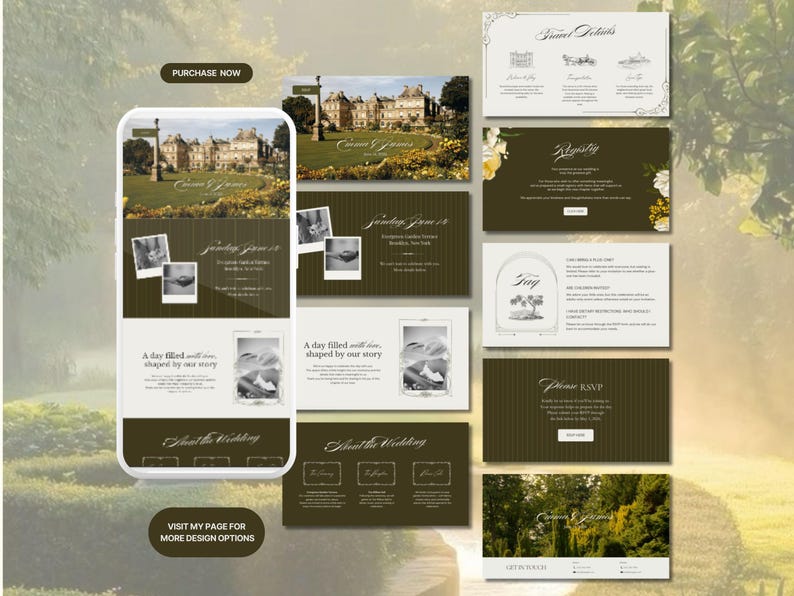 May include: A digital wedding invitation design with a mobile phone mockup and various layout options. The design features a photo of a building, the text "Sunday June 18", and the phrase "A day filled with love, shaped by our story."