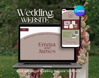 May include: A laptop and smartphone display a wedding website template. The website features the names "Emma and James" in a stylish font. The smartphone shows a mobile version of the website. The Canva logo is visible.