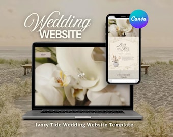 May include: A laptop and smartphone displaying a wedding website template. The laptop shows a close-up of white flowers with a ring. The smartphone displays a wedding invitation design with the names "Luca and June". The Canva logo is visible.