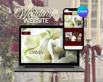 May include: A laptop and smartphone display a wedding website design. The laptop screen shows "EMMA JAMES" over a floral background, with an RSVP button. The smartphone mirrors the design. The Canva logo is visible. The text "Wedding WEBSITE" is at the top.