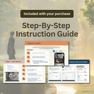 May include: A step-by-step instruction guide for a wedding website template. The guide includes a "Hero Section" page, a mobile phone with a Canva logo, and a recommended Invitarium template. The text "Included with your purchase" is at the top.