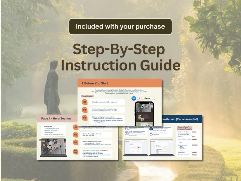 May include: A step-by-step instruction guide for a wedding website template. The guide includes a "Hero Section" page, a mobile phone with a Canva logo, and a recommended Invitarium template. The text "Included with your purchase" is at the top.