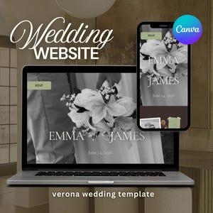 May include: A laptop and smartphone display a wedding website template. The laptop screen and phone show the names "EMMA JAMES" and the date "June 14, 2016". The Canva logo is visible on the phone. The text "Wedding WEBSITE" is at the top.