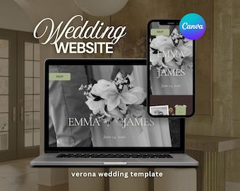 May include: A laptop and smartphone display a wedding website template. The laptop screen and phone show the names "EMMA JAMES" and the date "June 14, 2016". The Canva logo is visible on the phone. The text "Wedding WEBSITE" is at the top.
