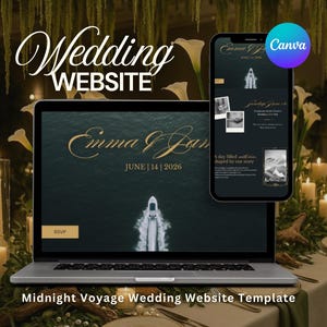 May include: A laptop and smartphone showcase a wedding website template. The website has a dark teal background with gold text, including the names "Emma & Ian" and the date "June 14 | 2026." The smartphone displays more website pages. The Canva logo is visible.