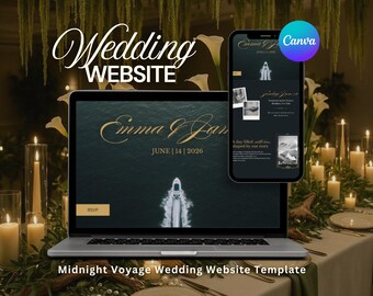 May include: A laptop and smartphone display a wedding website template. The website features a dark teal background with gold text, including the names "Emma & Ian" and the date "June 14 | 2026." The smartphone shows additional website pages. The Canva logo is visible.