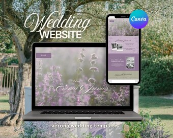 May include: A laptop and smartphone display a wedding website template with a lavender floral design. The laptop screen shows the text "Wedding WEBSITE" and "Emma J. James June 11, 2026". The smartphone displays the Canva logo.