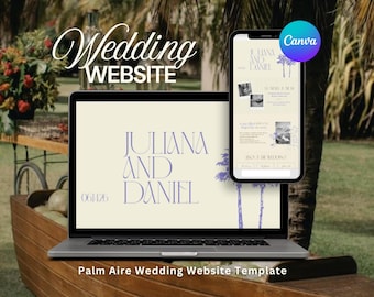 May include: A laptop and smartphone display a wedding website template. The laptop screen shows "JULIANA AND DANIEL" in purple, with the date "06/14/26" below. The smartphone displays the website on a light background with palm tree illustrations. The Canva logo is visible.