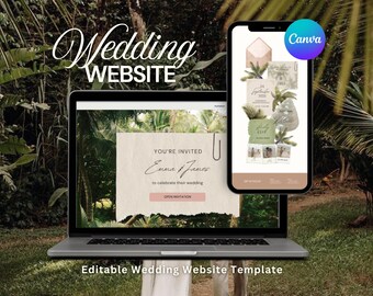 May include: A laptop and smartphone displaying a wedding website template. The laptop screen shows an invitation design with the text "You're Invited" and names. The smartphone showcases various website page designs. The Canva logo is visible.
