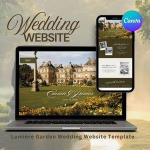 May include: A laptop and smartphone display a wedding website template. The website features a photo of a building on a green lawn. The text "Wedding WEBSITE" is at the top. The template is labeled "Lumi&egrave;re Garden Wedding Website Template."