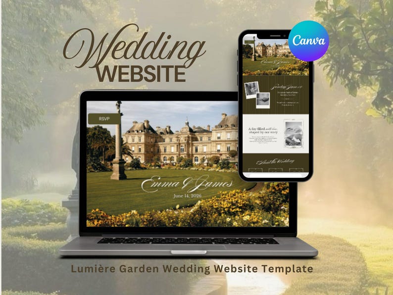May include: A laptop and smartphone display a wedding website template. The website features a photo of a building on a green lawn. The text "Wedding WEBSITE" is at the top. The template is labeled "Lumi&egrave;re Garden Wedding Website Template."