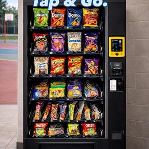 Peut inclure: Un distributeur automatique noir rempli de divers paquets de collations, dont Doritos, Cheetos et Takis. La machine a une interface de paiement jaune et le texte "Fully Stocked. Tap & Go."