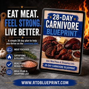 Może przedstawiać: Cyfrowy tablet wyświetlający przewodnik 28-Day Carnivore Blueprint. Ekran pokazuje pieczone mięso, kostkę masła oraz tekst, w tym EAT MEAT. FEEL STRONG. LIVE BETTER. Tablet znajduje się na ciemnej powierzchni obok miseczki z solą.