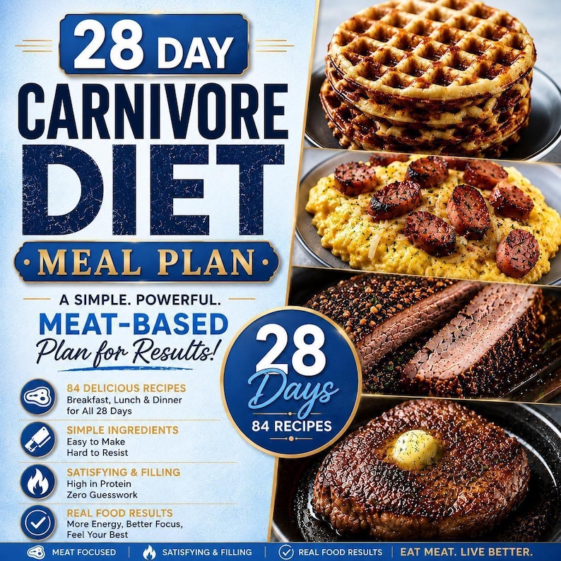 Digital Download Carnivore Program 28 Day Meal Prep Planning System Complete Grocery Shopping List Bundle Printable Recipe Template Collection Animal Based Eating Guide Daily Food Tracking Tools Organized Meal Schedule Resources Instant