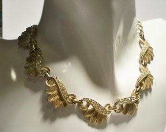 Vintage Sarah Coventry Goldtone Leaf and Rhinestone Chunky Bib Choker Necklace